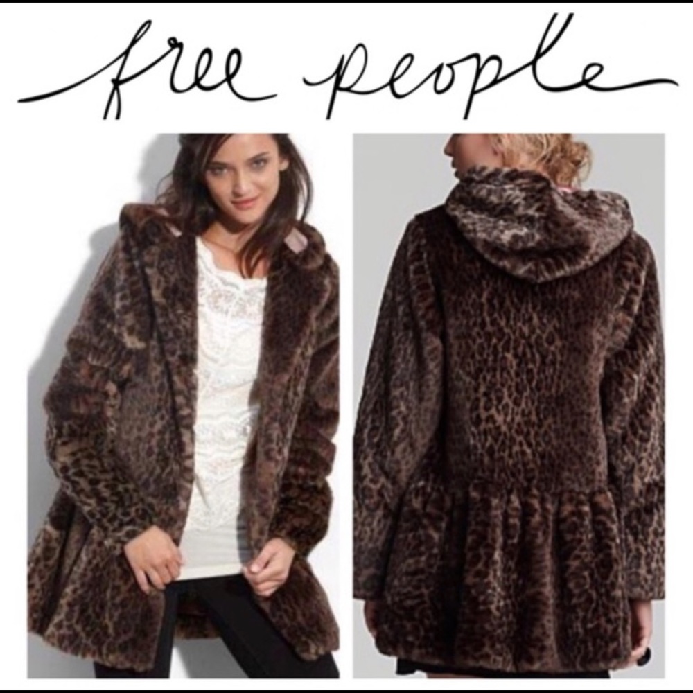 Free People faux fur leopard coat with hood